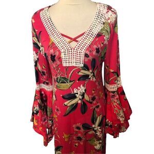 Cupio Ladies Size M Pink Floral Flutter Bell Sleeve Knit Dress mixed media sleev